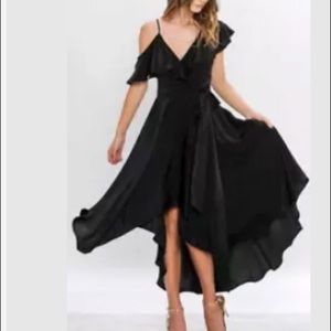 - Anthropologie black ruffle satin wrap dress